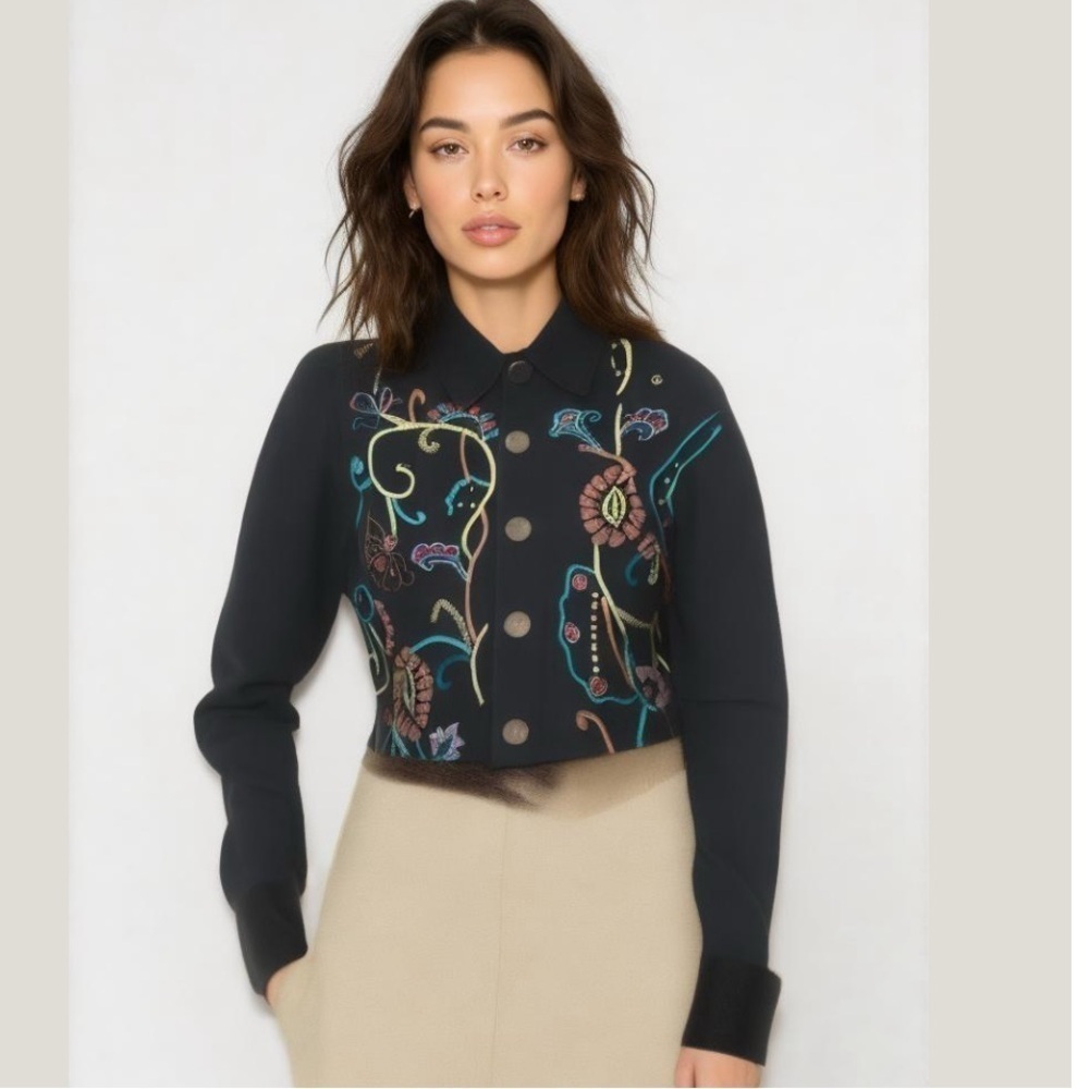 EU Vintage White Stag Floral Embroidered Black Denim Jacket